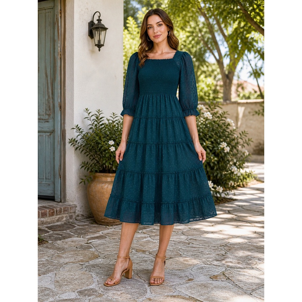 Marigold Smocked Swiss Dot Tiered Midi Dress Forest Green Small Short